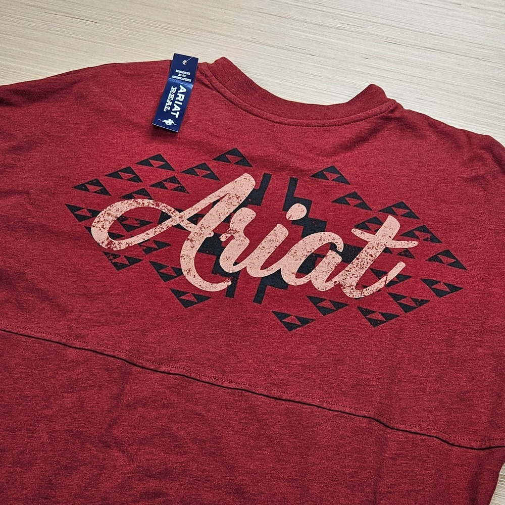 Ariat REAL Oversized Graphic Long Sleeve Shirt Women S Red Southwestern NEW